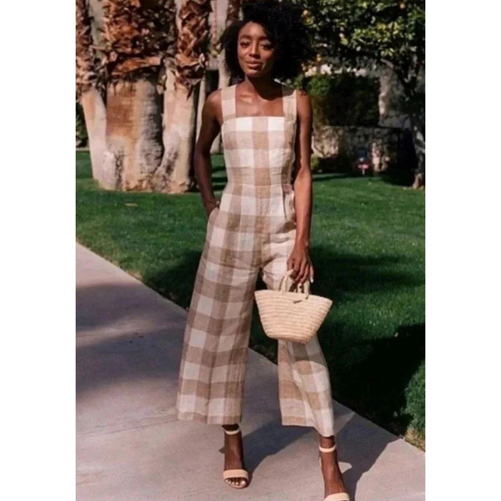 GAL‎ MEETS GLAM Bailey Gingham Linen Wide Leg Jumpsuit In Natural Sz 2 NWT
